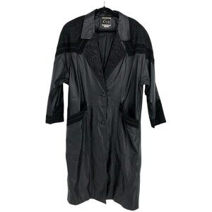G-III Vintage Black  1980s Leather w/ Paisley Suede Trim Trench Coat LG